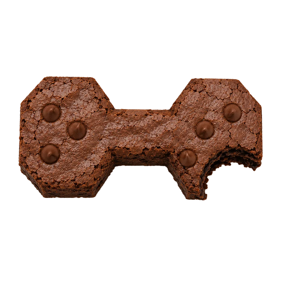 Dumbbell-shaped protein brownie with a bite taken out
